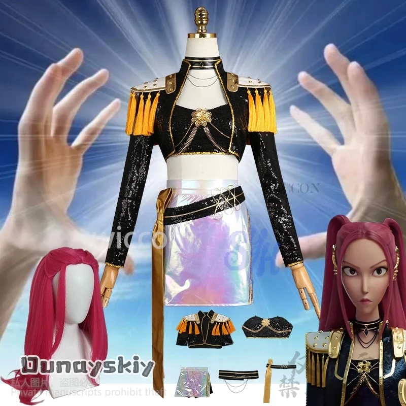

Kpop Demon Mira Huntrix Косплей Золотой сценический костюм Корея Идол Девушки 코스프레 Униформа Черное панк-пальто Мини-платье Лолита Хэллоуин