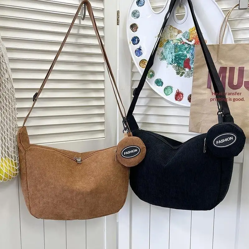 Portable Corduroy Crossbody Shoulder Bag with Adjustable Strap Matching Mini Coin Pouch for Weekend Getaways