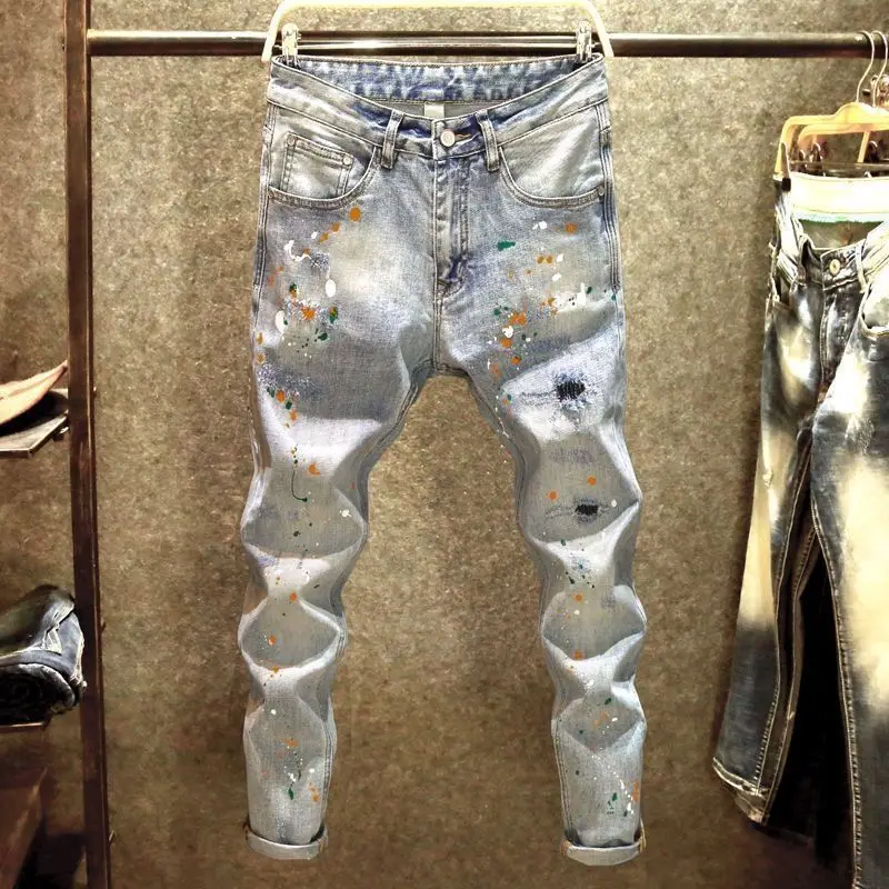 Neuankömmling kpop koreanischen Stil Herren Designer Kleidung hochwertige gewaschene Farbe Splatter zerrissene Jeans Distressed Baumwoll hose