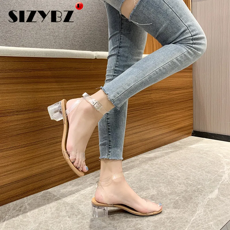 Summer PVC Sandals Women Jelly Crystal High Heels Women Transparent Heel Sandals Buckle Open Toed Pumps Women Shoes Big Size 42