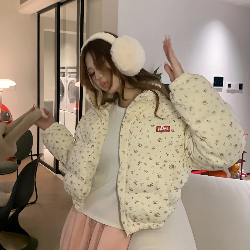 Jaqueta acolchoada de algodão de pão floral doce da menina engrossar estilo coreano outono inverno feminino estudante quente solto casaco puffer jaqueta