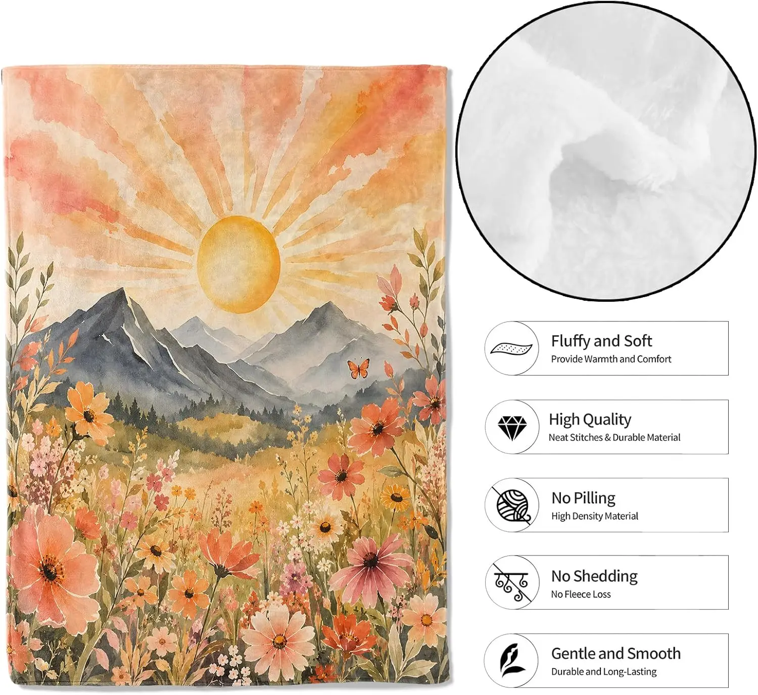 Sunrise Blanket Watercolor Mountain Daisy Flannel Throw for Couch Sofa Home Decor Gifts for Nature Lovers Women