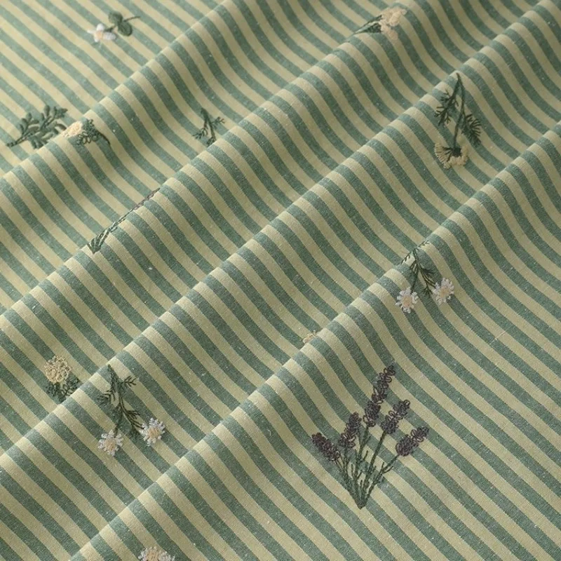 

Korean Style Woven Linen Green Stripe Embroidered Fabric for DIY Dress Kids Clothing
