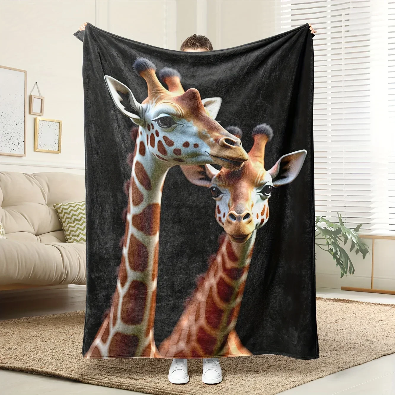 

Мягкое флисовое одеяло с цифровой печатью высокого разрешения и рисунком жирафа, дышащий полиэстер, идеально подходит для использования в любое время года, семейный подарок