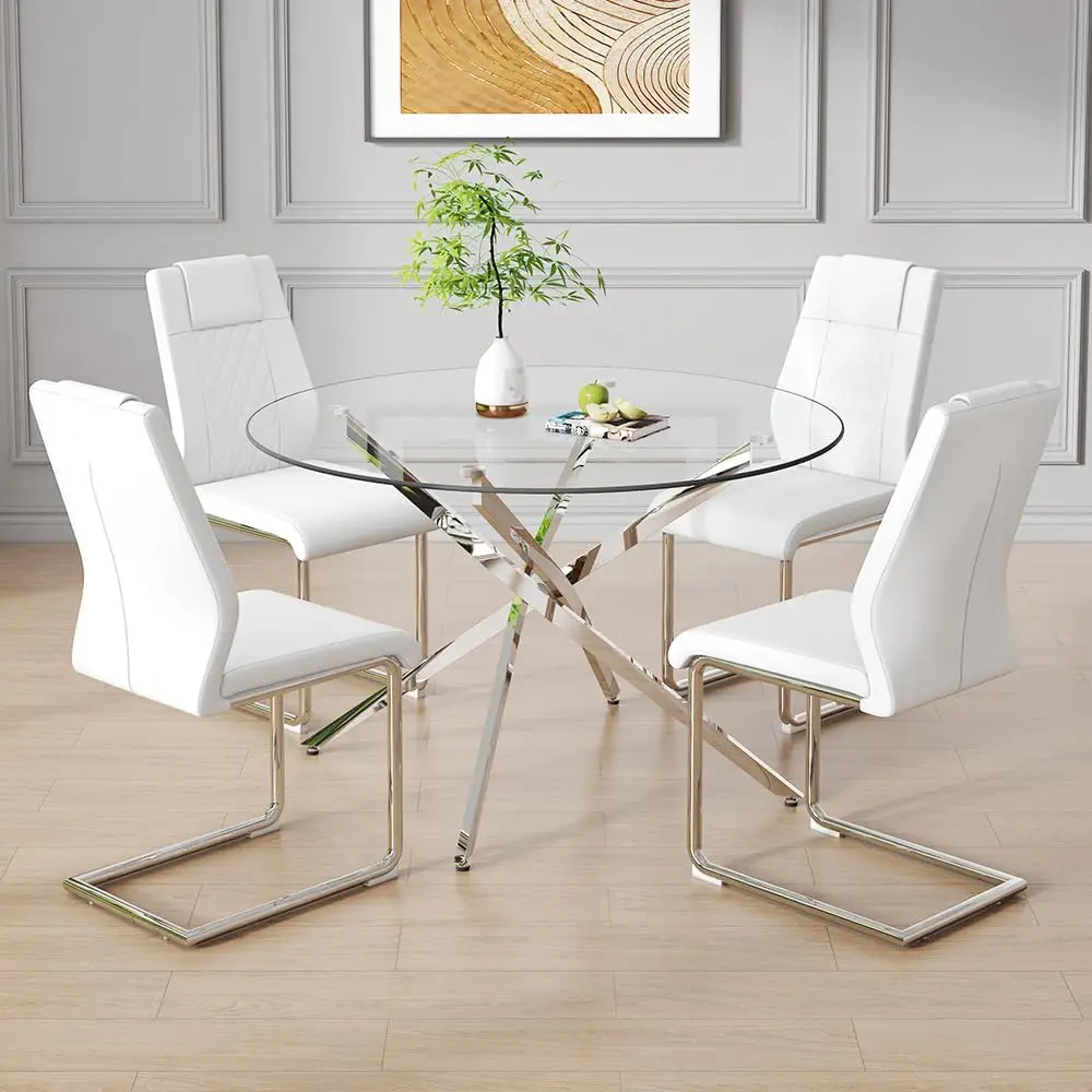 Round Glass Dining Table Set For 4, Round Kitchen Dining Table Chairs Set For 4, 47 Inch Modern Glass Dining Table Set For 4