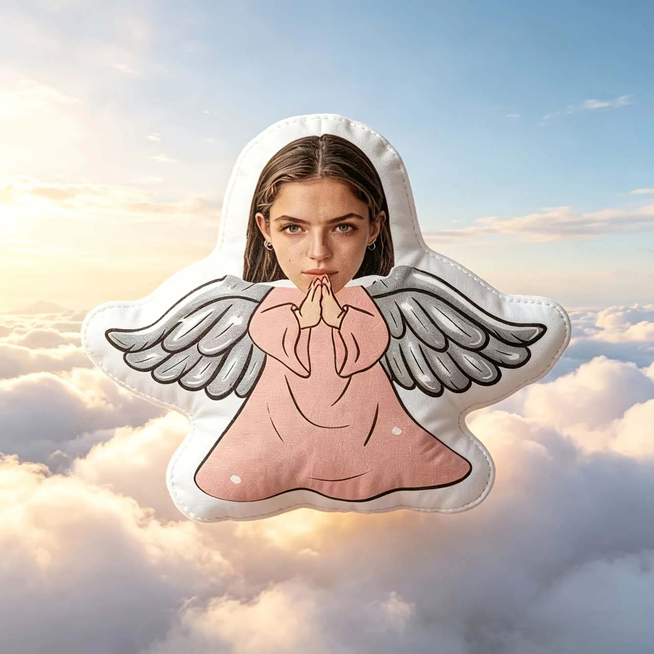 1pc - Customized Throw Pillow, Angel Portrait Cushion with Pink Dress and Retro Wings. Upload Your Photo to Customize Face. Eleg