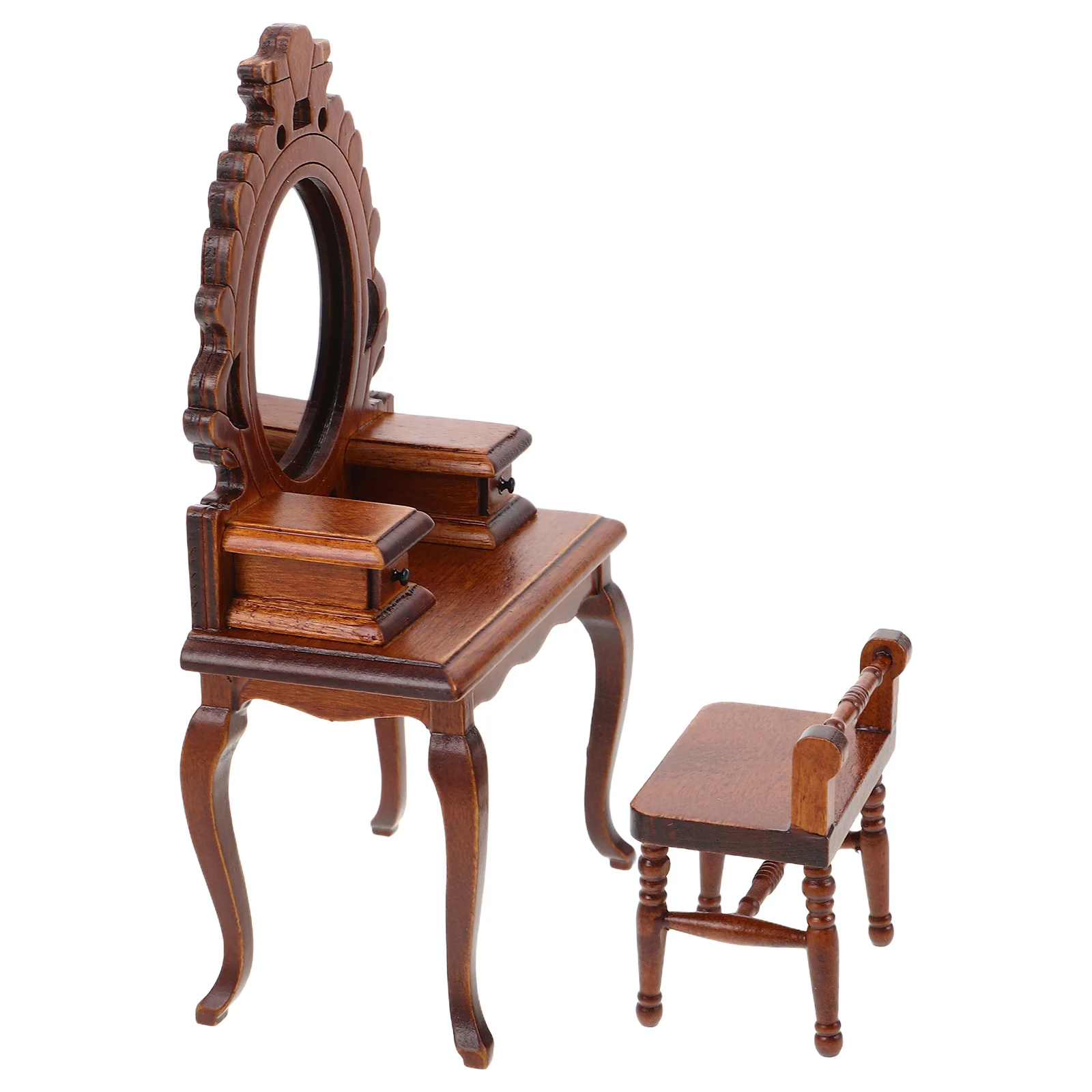 Legno 1:12 Casa delle bambole in miniatura vintage Tavolo da toeletta Specchio Sgabello Mobili per camera da letto Decorazioni creative Armadietto per casa delle bambole