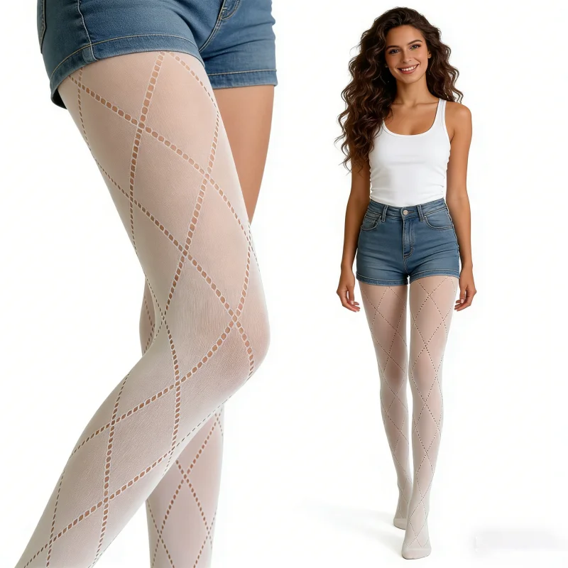 Damen Retro Diamant-Karo Netzstrümpfe mit Aushöhlungen, Damen Strumpfhosen, Dessous, Schlankmachende Strümpfe, Strumpfhosen, Damen-Strumpfwaren