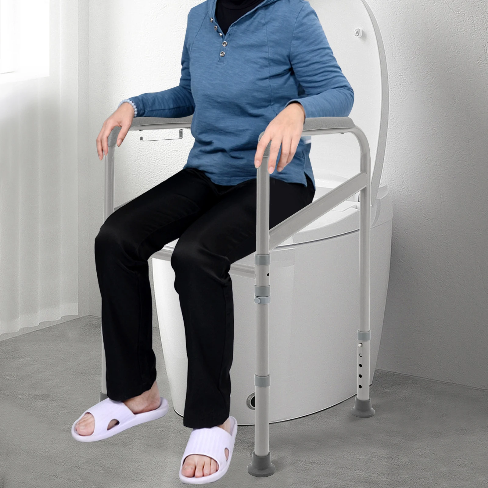 Toilet Standing Aid, Carbon Steel Toilet Support Frame Grab Bar with Non-Slip Handrails and Foot Pads for Elderly, Disabled