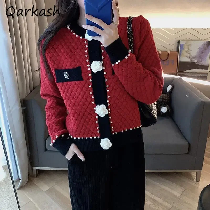 

Cardigan Women Petal Button Beaded O-neck Sweaters Korean Style Contrast Color Long Sleeve Autumn Elegant Fashion Temperament