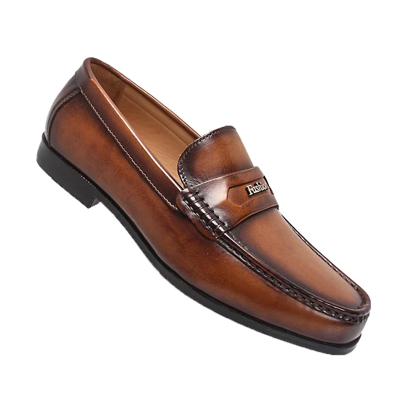 Men's Brown Genuine Leather Slip-On Loafers Retro British Style Low Heel Comfortable Indoor Banquet Shoes Small Leather Footwear