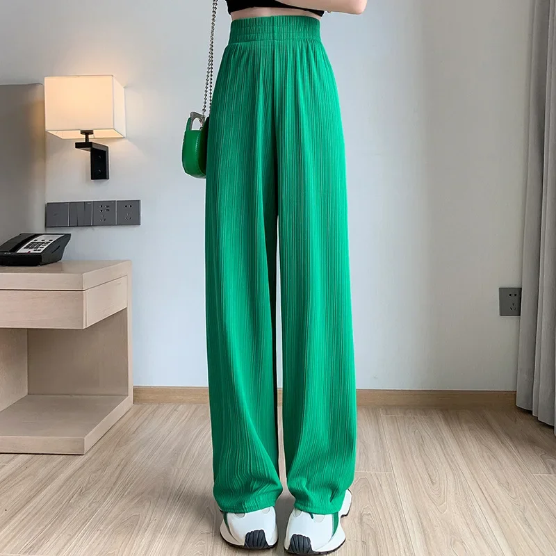 2024 Spring Summer Ice Silk Wide Leg Pants for Women Korean Thin Chiffon High Waist Saggy Loose Straight Casual Fashion Trousers