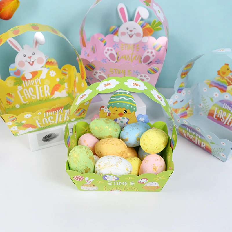 12pcs Easter Party Kids Rabbit Chick Paper Tote Basket Candy Cookie Bag Easter Candy Storage Bucket Portable Gift Baskets