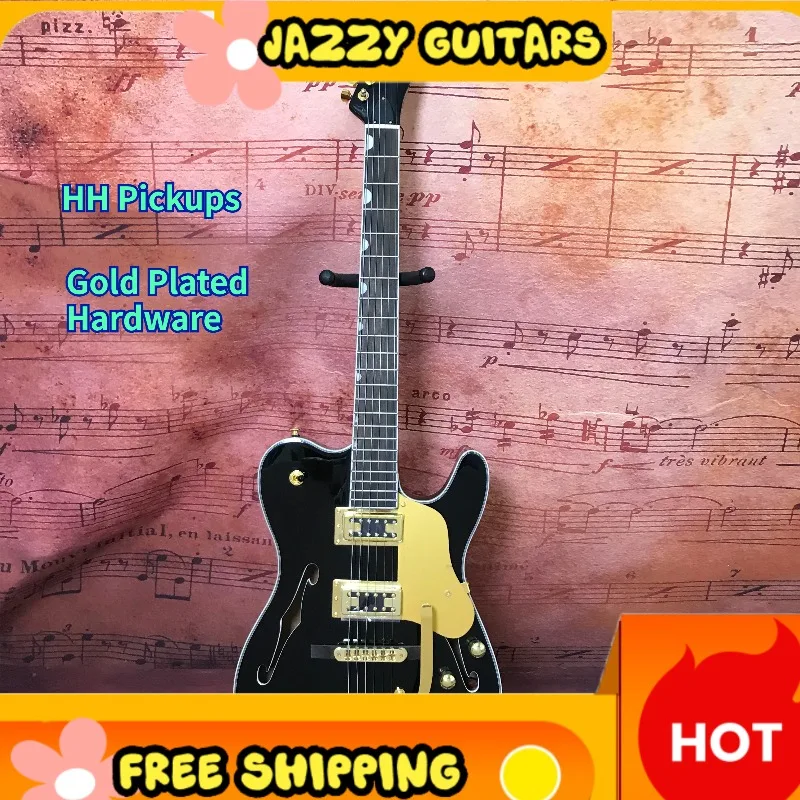 1972 Black Gold Full Hollow Tele Electric Guitar, Gold Hardware, HH Humbuckers, Big Tremolo, Jazz Blues Guitar