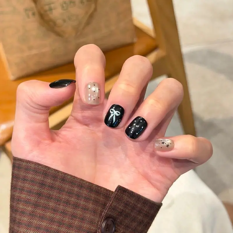 10pcs Handmade Press On Nails Black Bow Star Short Oval Fake Nails Cat Eye Cute Girl Reusable Korean Y2k False Nail Tips