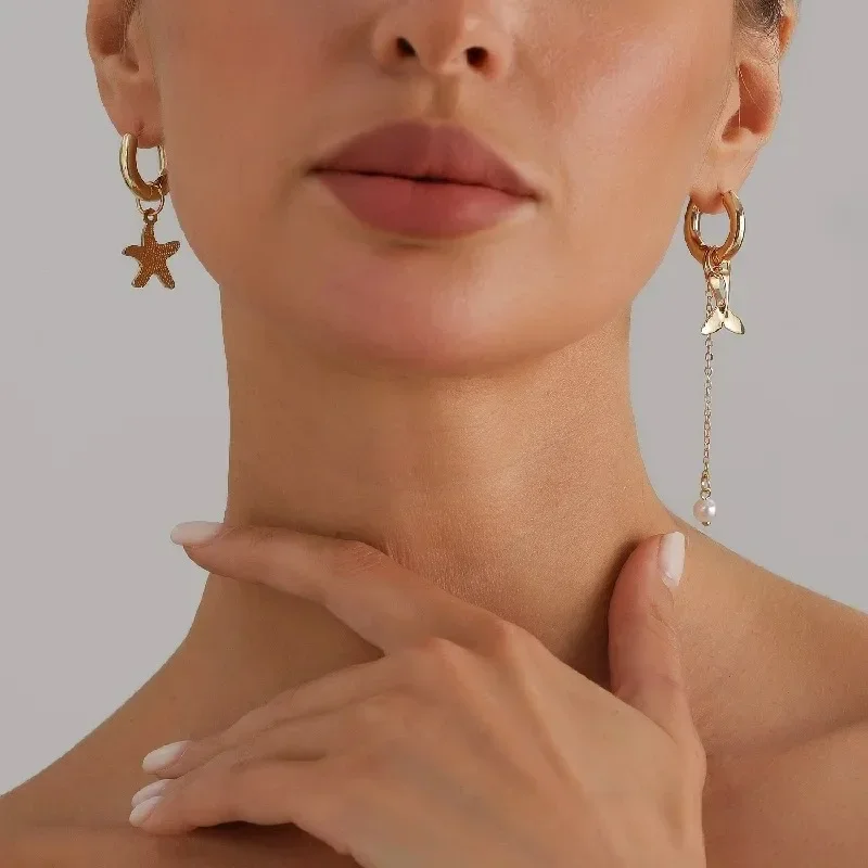 

Retro Dolphin Tail Glazed Sea Star Asymmetric Fashion Luxury Earrings for Women Girls Jewelry Accessories Wedding Part Gifts