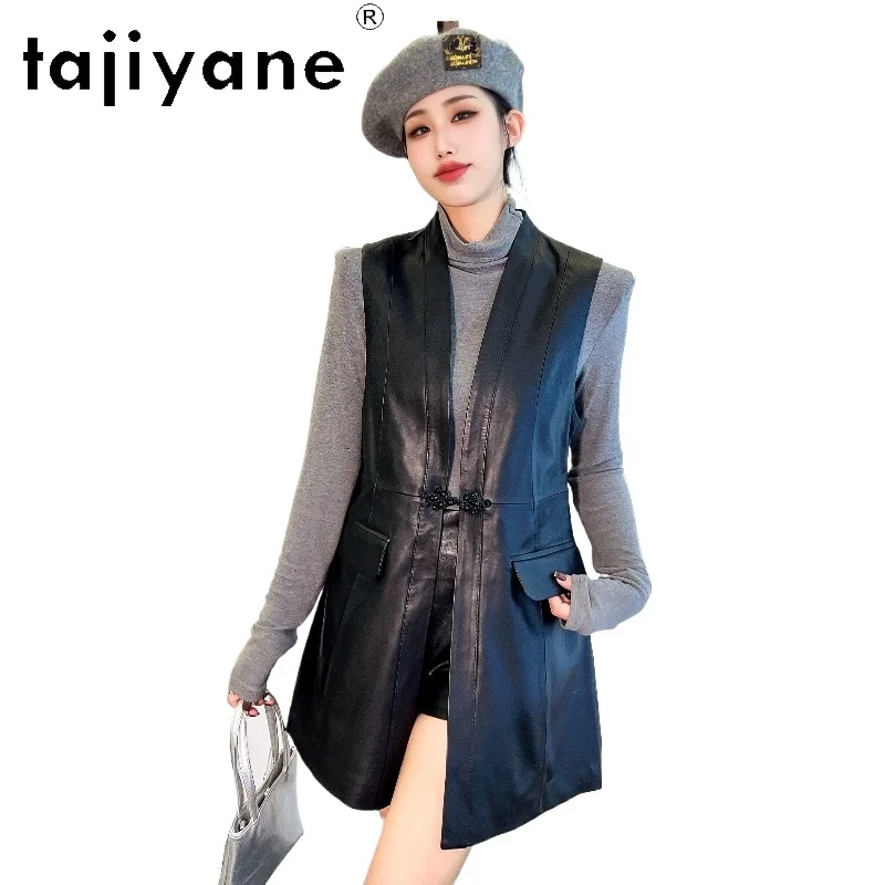 TAJIYANE Black Genuine Sheepskin Leather Jacket Woman Slim Fit Gilet Mid Length Leather Vest Sleeveless Outerwear Veste Femme