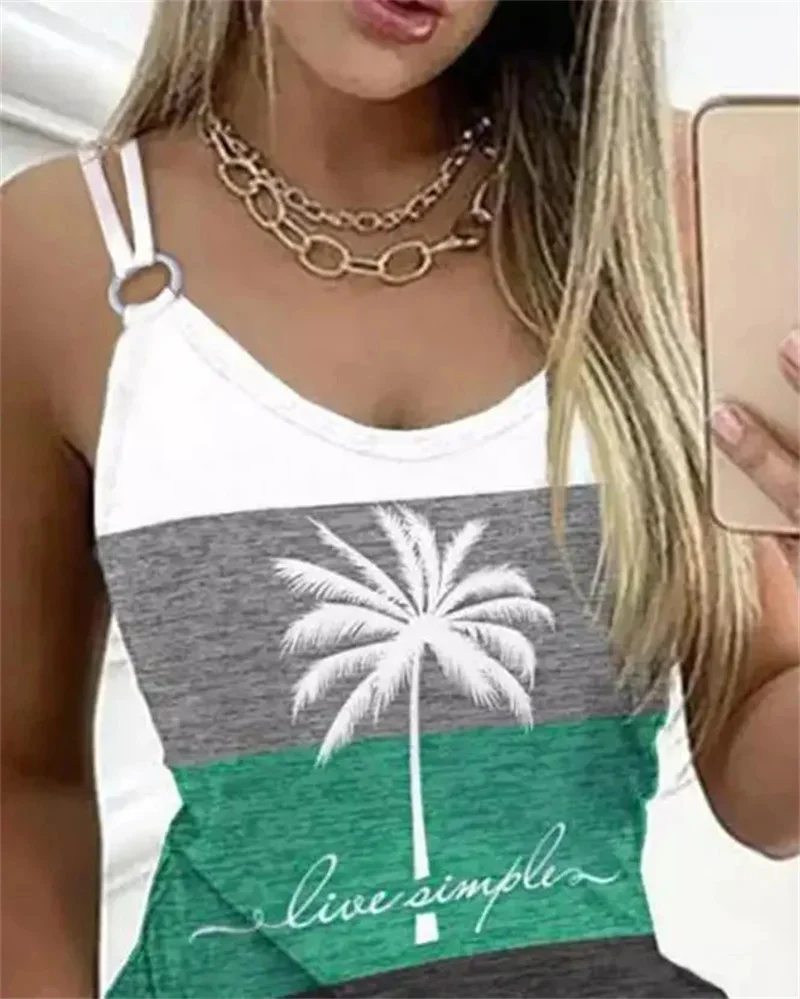 Women Dresses Summer Fashion Coconut Tree Print Casual V-Neck Sleeveless Pocket Design Daily Vacation Mini Dress