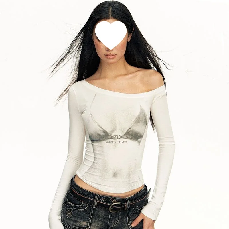 

American-style autumn street fashion individualistic stylish women fitted top bikini print pattern sexy round neck long sleeves