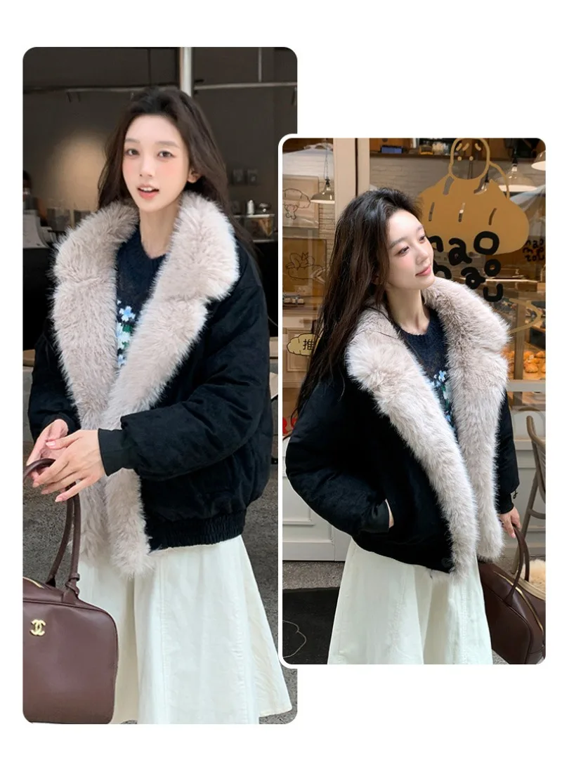 2026 Fashion Down Cotton-padded Jacket Women's Winter Coats Long Fur Collar Short Parkas Thicken Warm Streetwear Loose Outerwear