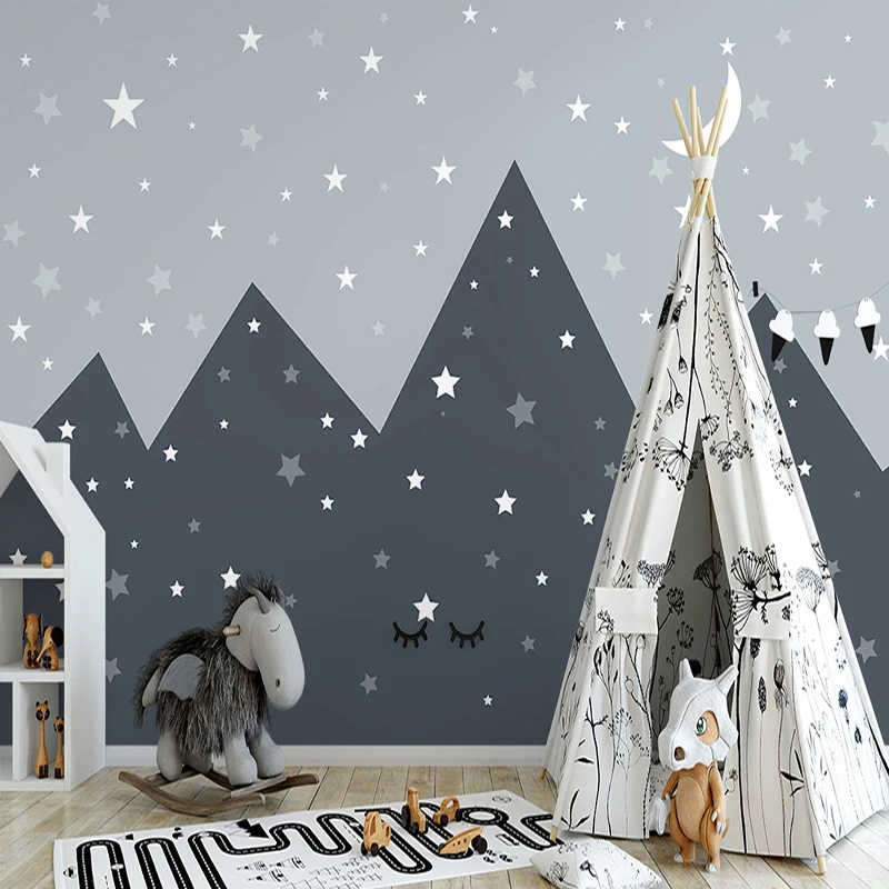 Personalized 3D Mountain & Starry Sky Wall Mural Wallpaper for Children's Bedroom, Hand-painted Home Decor Wall Covering