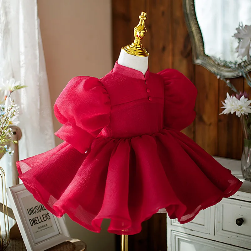 Vestido Rojo hecho a medida con manga de burbuja para niñas, ropa de actuación para el Día de los niños, ideal para fiesta de cumpleaños, 0 a 12 años, nuevo