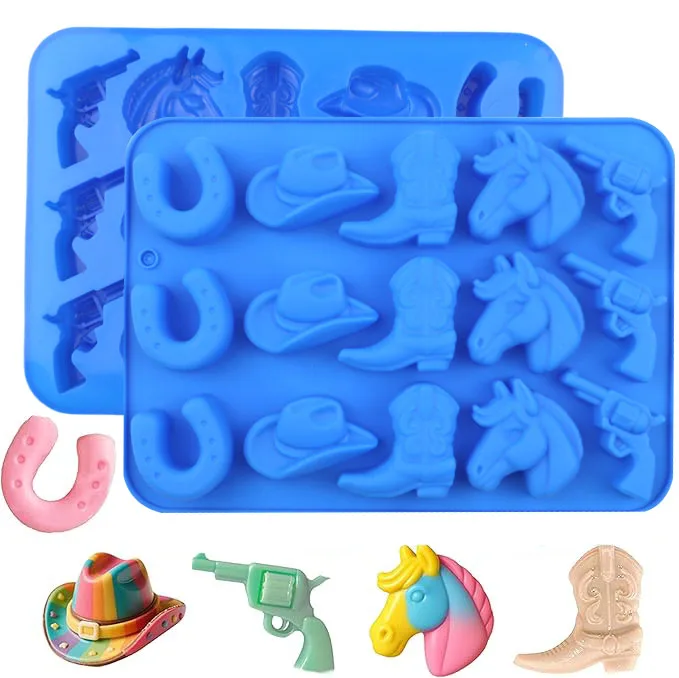 1 Uds. Moldes de Chocolate de vaquero, sombrero de vaquero, forma de silla de montar de caballo, moldes de silicona para dulces, molde para hornear temático occidental, decoración de pasteles