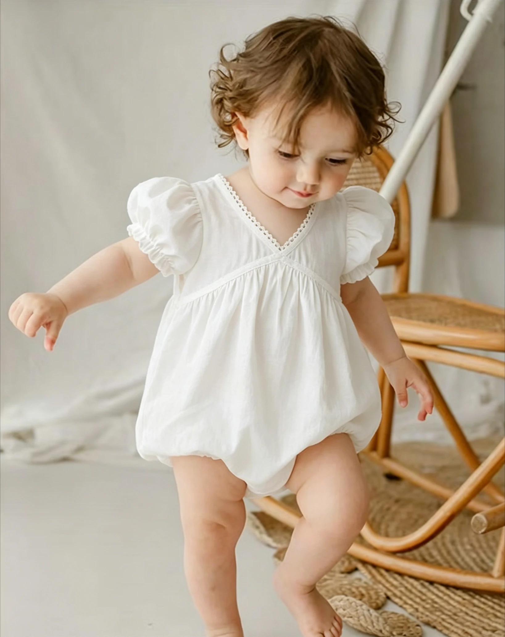 Baby Short Sleeve Rompers 2026 Nordic Summer New Cotton Hollow Out Backless V-neck Lace Jumpsuit Baby Clothes