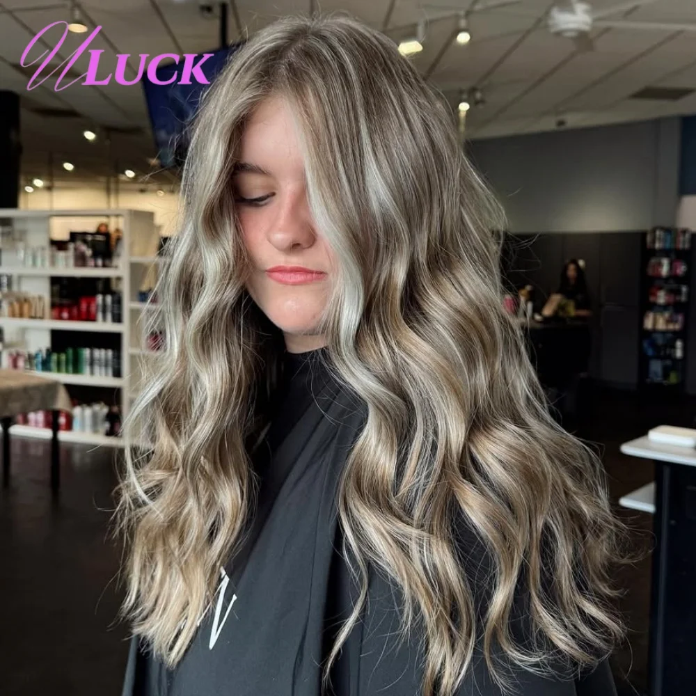 

Uluck Highlight Ash Blonde Color Body Wave Hair Wigs 13x6 Lace Frontal Wigs Brazilian Human Hair Wigs 180% Density Ready To Wear