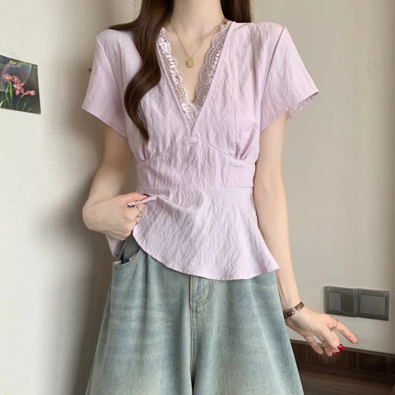 

Korean Style Lace Patchwork Tie Front Short Sleeve Blouse Slim Fit Waist Cinching Elegant Top for Women 2026 Summer New Arrival​