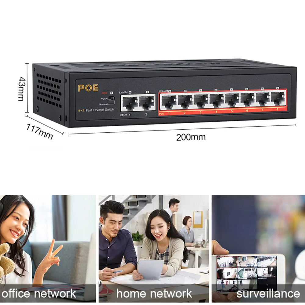 8 Port POE Switch 10/100Mbps Ethernet Switch 8 POE +2 Uplink With Internal Power for Wifi Router/IP Camera/ Wireless AP