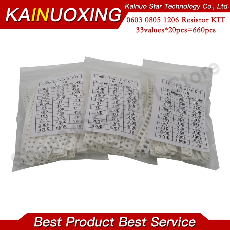 Kit de resistencia SMD KAINUOXING, 1K, 10K, 0402 K, 1R, 10R, 100R, 220R, 0603, 0805, 1206, 1210, 2512, 100, 1%, 5%