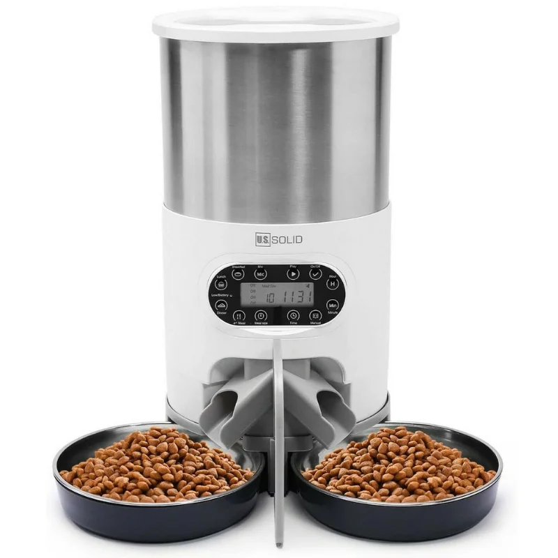 Automatic Stainless Steel Pet Cat Feeder Two-Way Splitter and Double Bowls Dog Feeder Food Dispenser