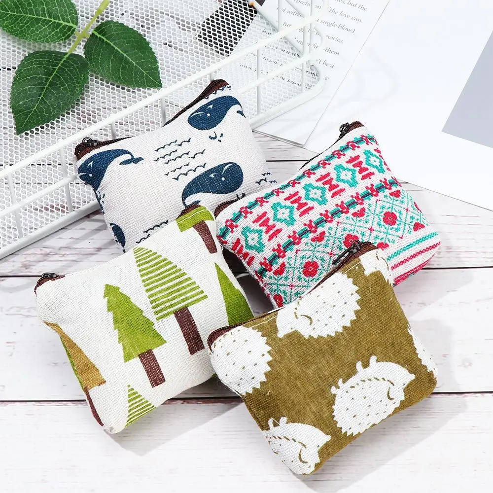 Casual Style Card Holder Earphone Case Canvas Coin Purse Small Zipper Wallet Travel Makeup Bag Cartoon Animal Pattern