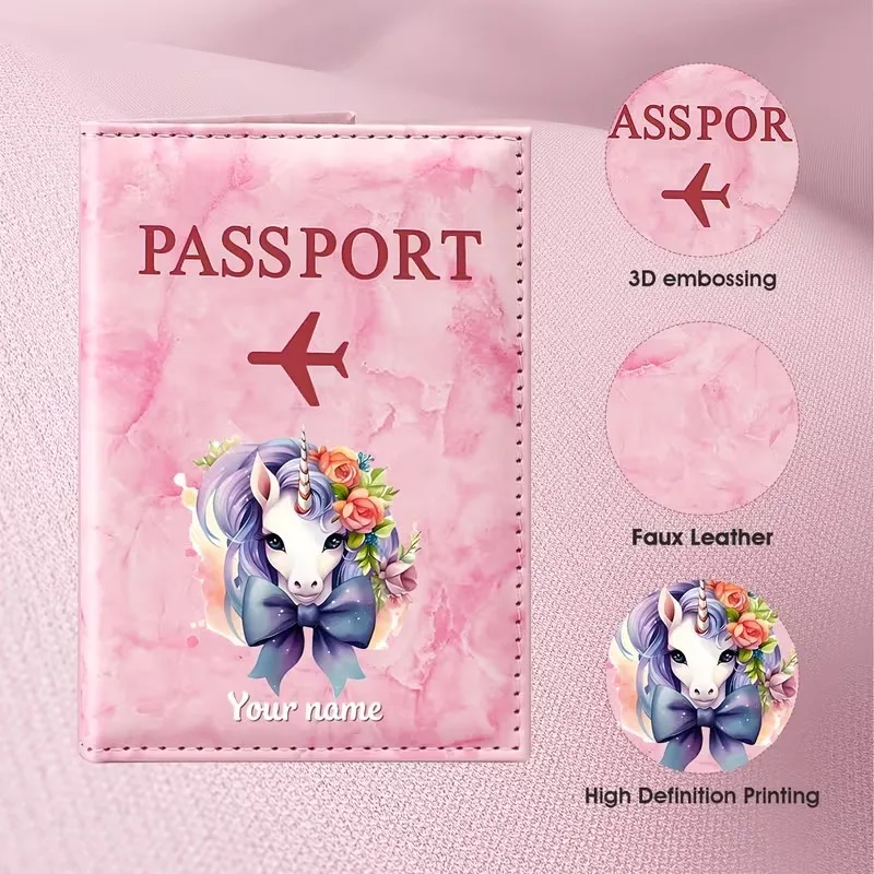 Custom Name Dreamy Unicorn Floral Illustration Passport Holder, Featuring a Purple Unicorn with a Floral Wreath And Bow Design