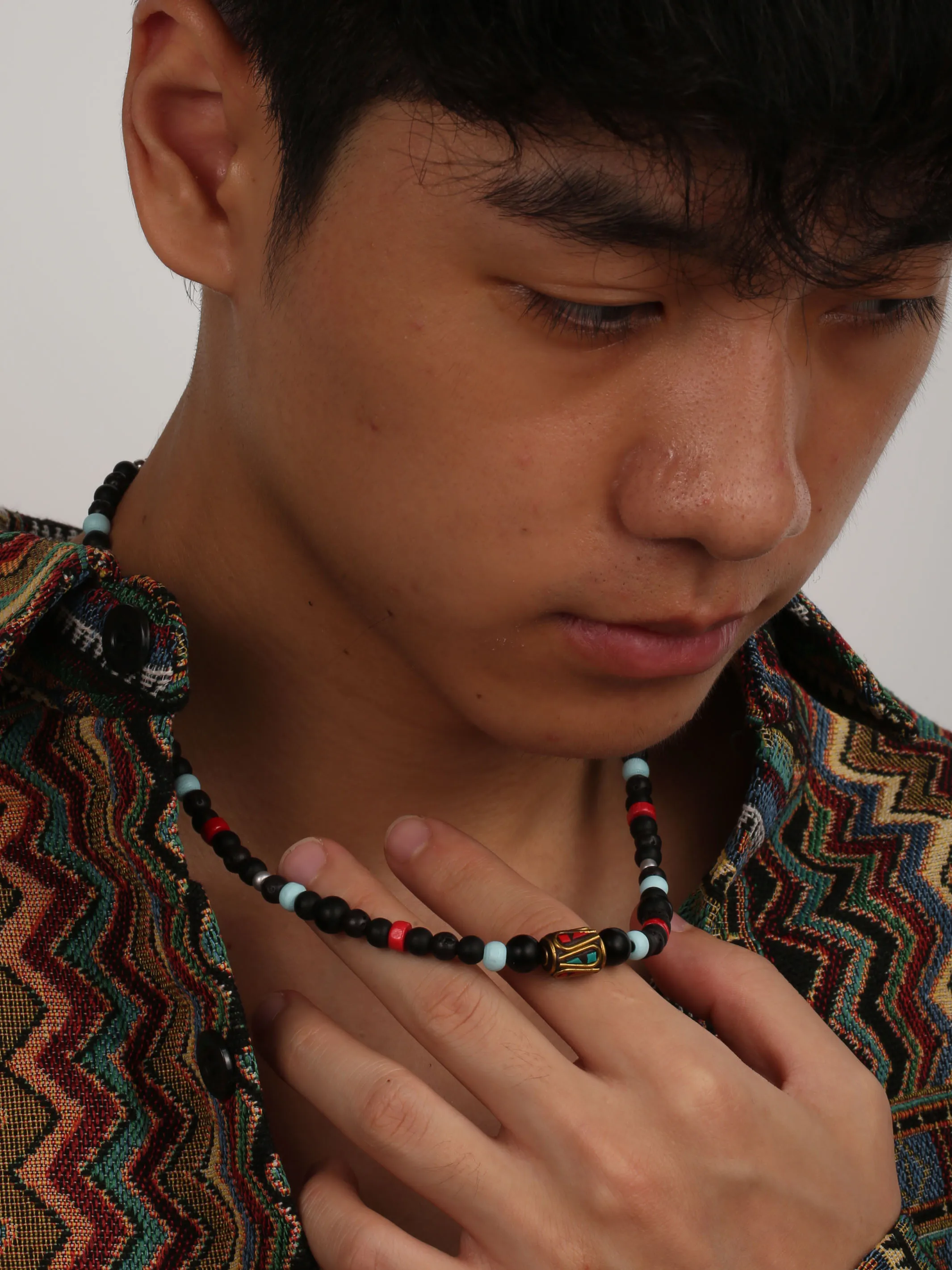 1PC INGX Men's Vintage Ethnic Style Nepal Necklace for Men Tribal Natural Lava Stone Beaded Necklace Man Jewelry