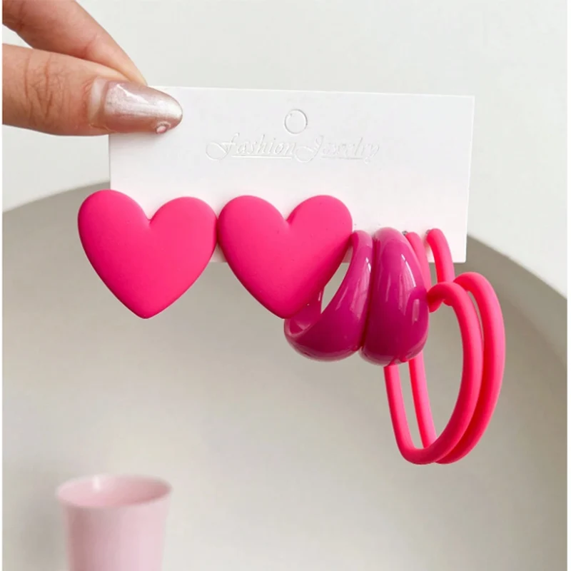 3 Pairs  Heart  Earring Set Lovely Girls Geometric Neon Color Multi Earrings C Hoop Set Girls Summer Jewelry
