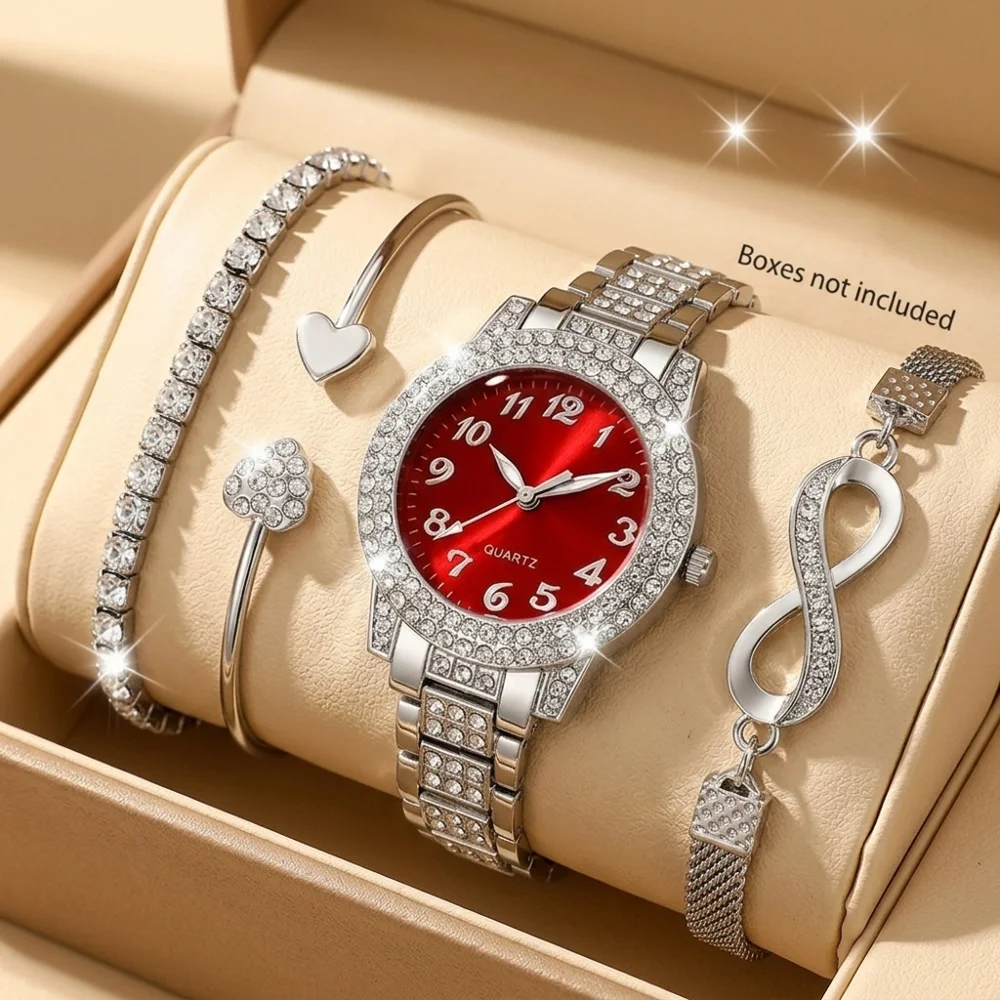 4Pcs/Set Unisex Jewelry Watches Women's Wristwatch Accessories Silver Red Trendy Fashionable Elegant Classic Exquisite Light Luxury Rhinestone Luxury Bracelet Watch Set Y2K Suitable for Daily Outfits Perfect Holiday Gift