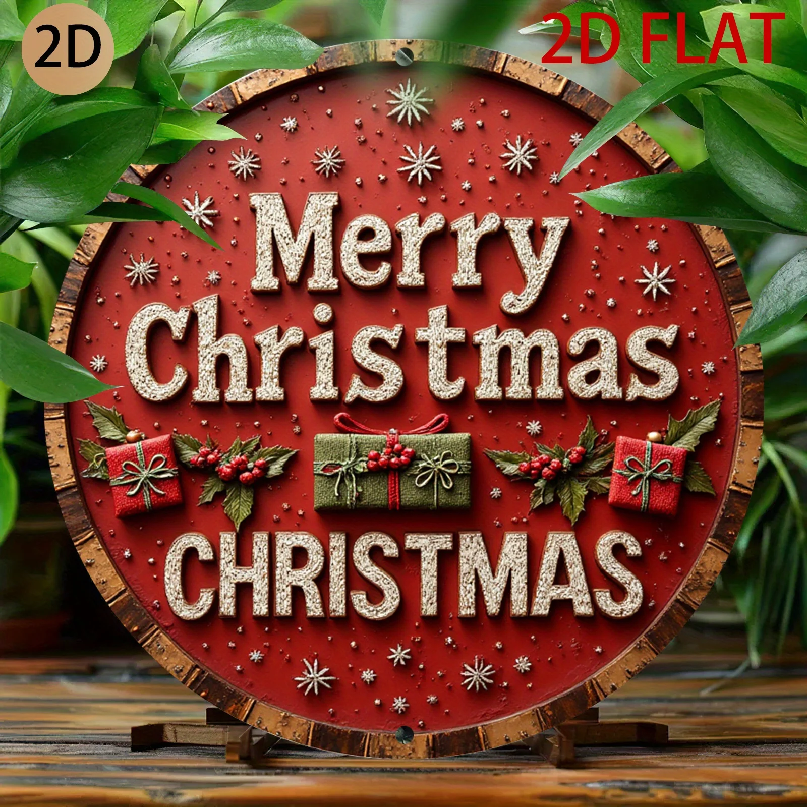 2D Flat - A Circular 2D Relief Sign with a Christmas Theme Featuring a Red Background, The Phrase 'Merry Christmas', Along with