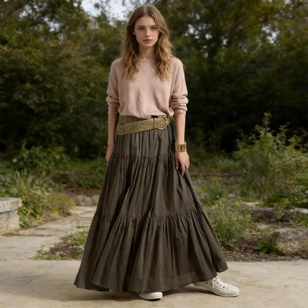 Women Long Skirt Dressy Maxi Skirt Women Maxi Skirt High Waist Ruffle Splicing Hem Long Pure Color Casual Work Travel for Women