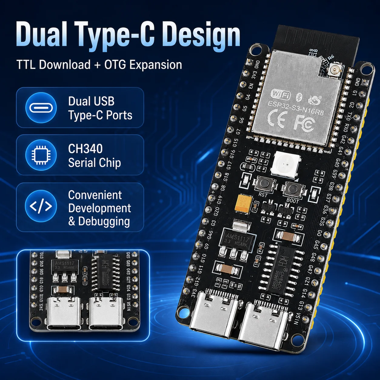 ESP32-S3 N16R8 WiFi BLE 5.0 Development Board 16MB Flash 8MB PSRAM Dual Type-C USB OTG CH340 240MHz Dual Core MCU IoT Module