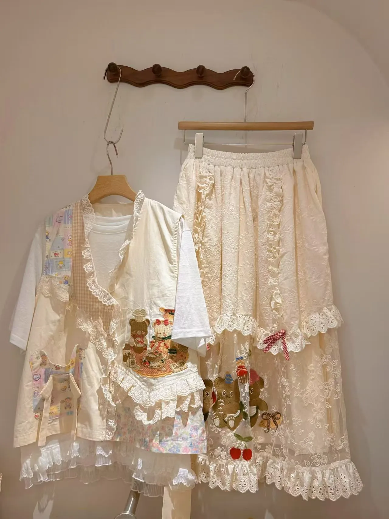 Vintage Mori Kei Sweet Lace Cotton Lolita Long skirts Japanese Style Cartoon Elastic Waist Embroidery Skirts