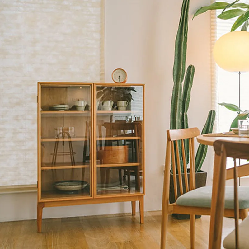 Solid wood dining side cabinet small apartment household living room storage double door glass