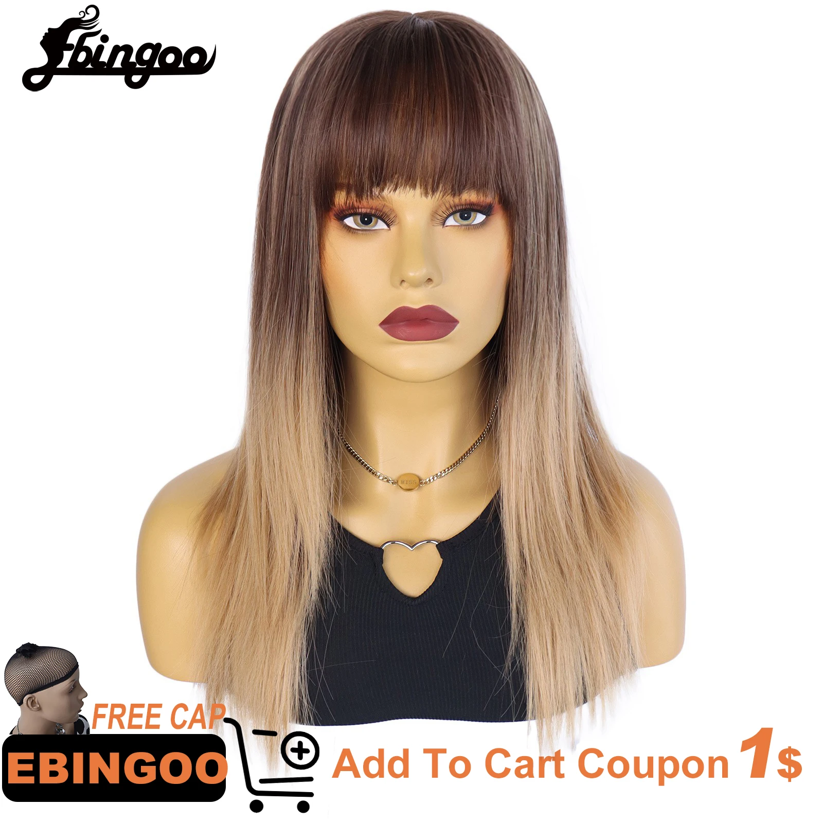 

Ebingoo Synthetic 24INCH Ombre Brown Black Root Straight Wigs with Bangs Synthetic High Temperature Fiber Machine Made Women Wig