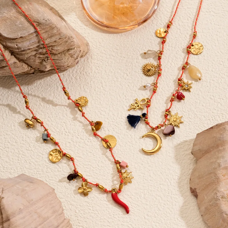 

Bohemian summer seaside vacation multi-element handmade woven necklace, holiday jewelry gift