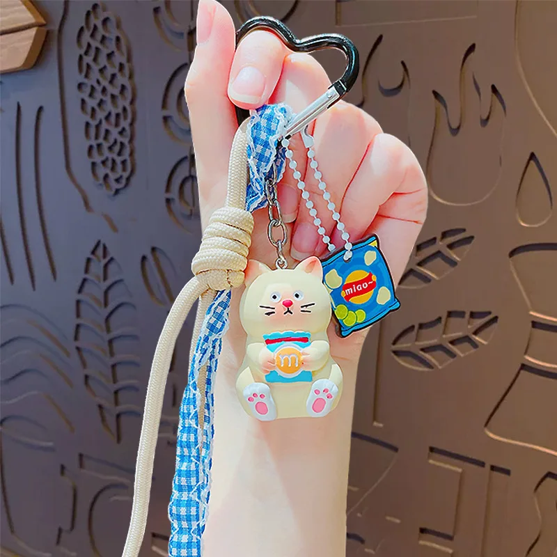 Cartoon Eating Potato Chips Grey Cat Doll Bags Keychain Cute Silk Scarf Knitted Rope Pendant Sitting Eat Snack Kitten Key Chain