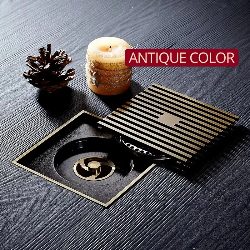 Brass Deep Water Seal Floor Drain 12x12cm Anti-Odor Anti-Insect Square Shower Drain Antique Bronze TRAP