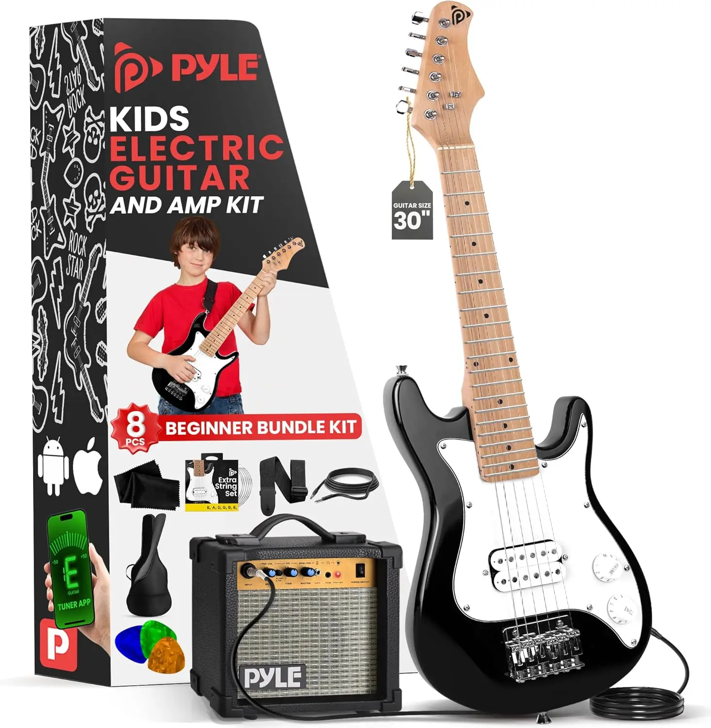 Electric Guitar Starter Kit with Amplifier, 30” Mini Instrument w/ 10W Amp & Complete Accessories, PEGKT30 Black