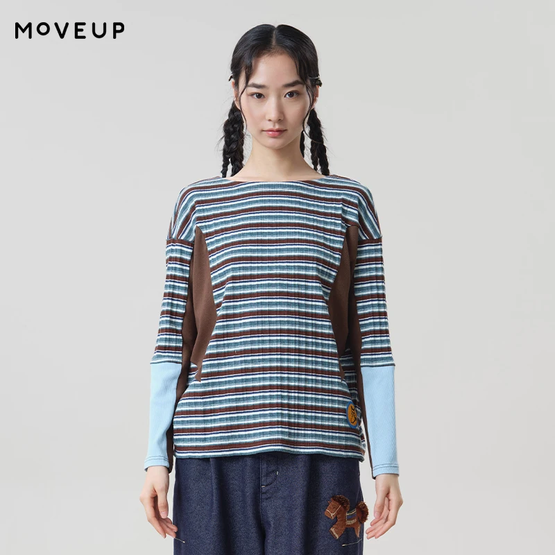 MOVEUP Crew Neck Striped Tees 2026 Autumn Contrast Color Patchwork Embroidery Decor Tops Casual Long Sleeve T-Shirt 3ELQ10560