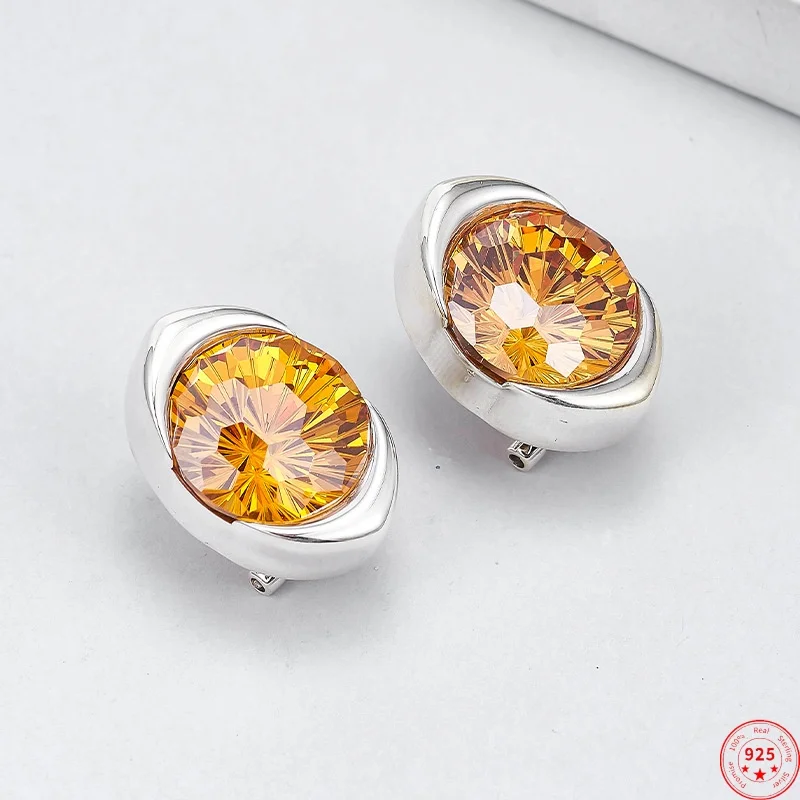 

S925 Sterling Silver Charms Clips-on Earrings for Women Palace Style Yellow Zircon Geometric Ear Clips Fashion Jewelry Wholesale